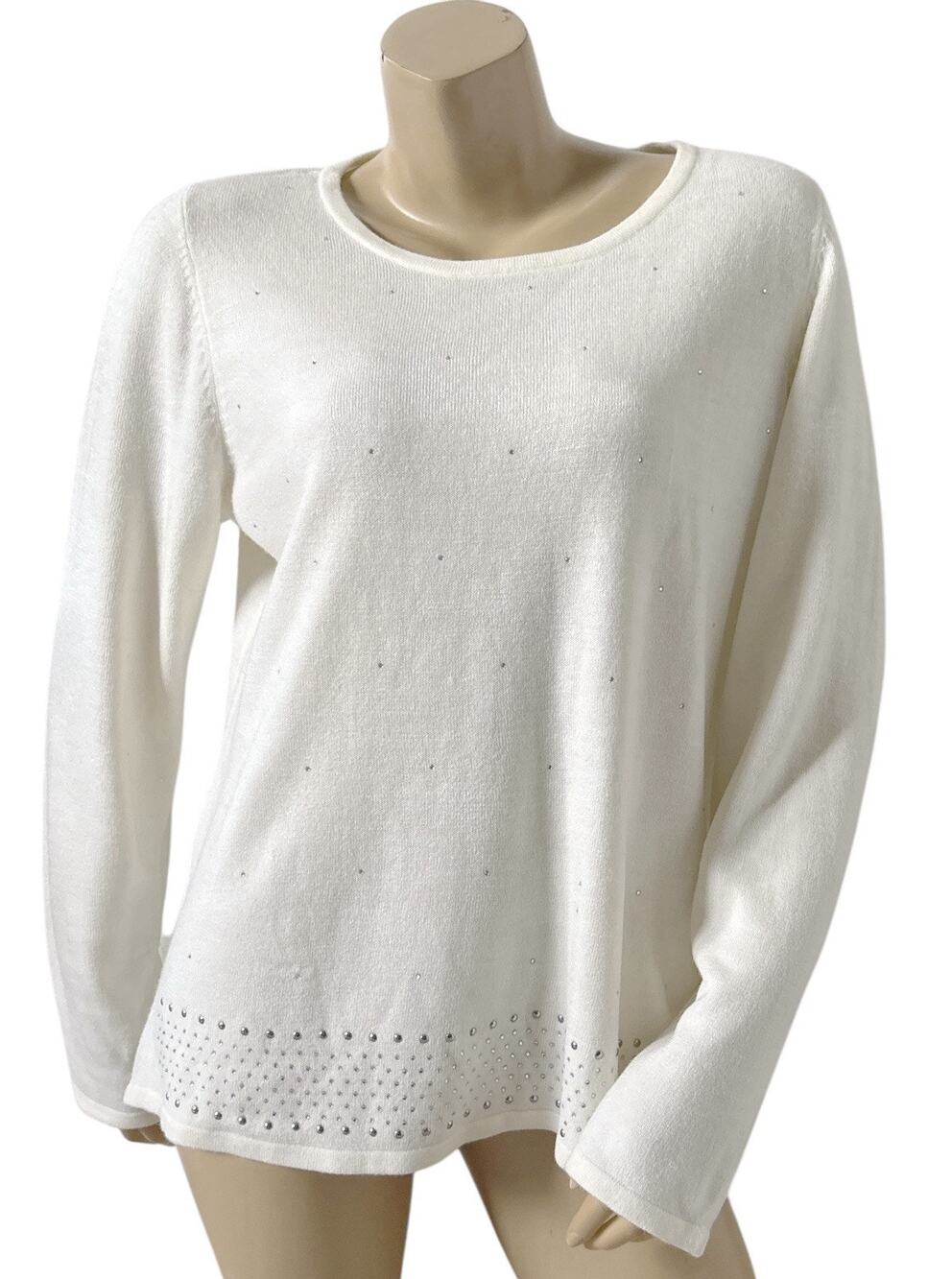 Carolyn Taylor Sweater Womens Size Large Ivory Rhinestone Long Sleeve Pullover